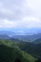 The green mountain with lake when the sunrise