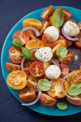 Salad with tomatoes, mozzarella balls, onion and basil, close-up
