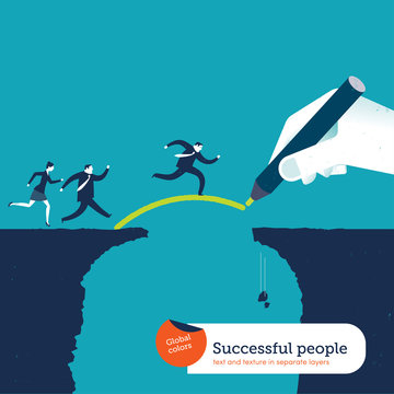 Hand drawing a bridge over an abyss for businesspeople