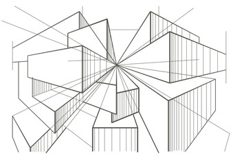 abstract architectural sketch of boxes in perspective - obrazy, fototapety, plakaty