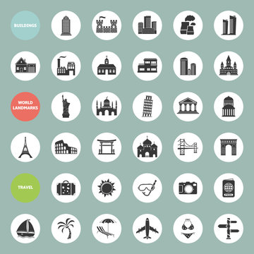 Set of web icons for buildings, landmarks and travel