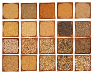 Set of pictures of seeds in bowls on white background
