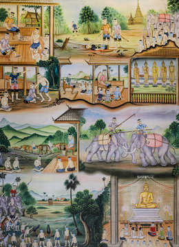 Thai mural painting of Thai people life in the past on temple wa