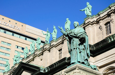 Ignace Bourget statue near Cathedral of Mary . Montreal.