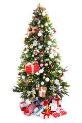 Decorated Christmas tree with presents under it isolated