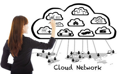 Business woman drawing a  global cloud computing applications