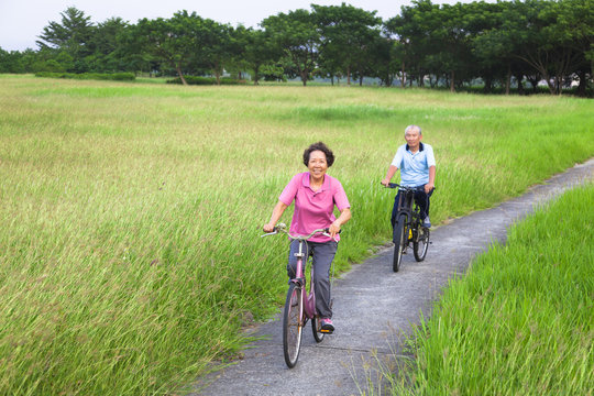Happy asian seniors couple biking in the park