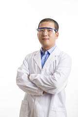 Young doctor standing isolated on white