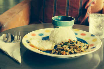 stir fried chicken whit basil on rice.Filteredcolor.