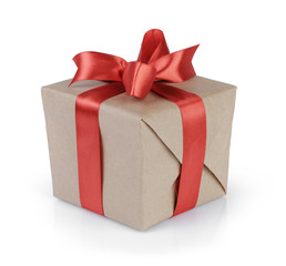 cube gift box wrapped with kraft paper and red bow