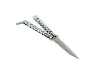 Steel butterfly knife (balisong) on white background