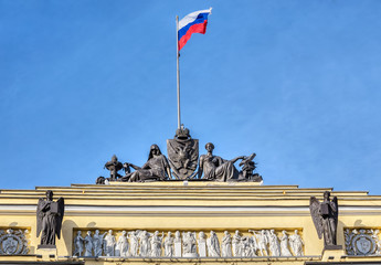 Sculptures and the Russian flag