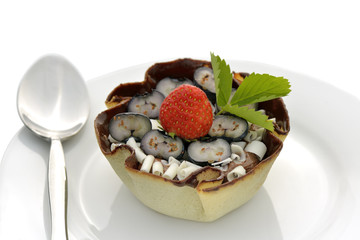 Chocolate cake decorated with fruits