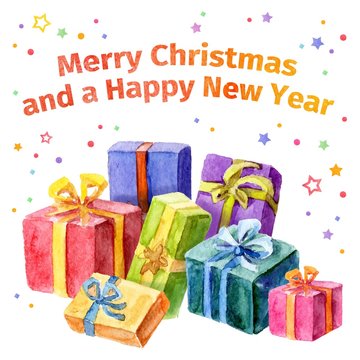 Card with Christmas and New Year. Collection of gifts.