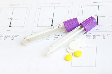Sample tubes and pills on test results paper - background.