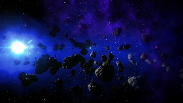 Realistic Space with Cold Sun and Flying Asteroids