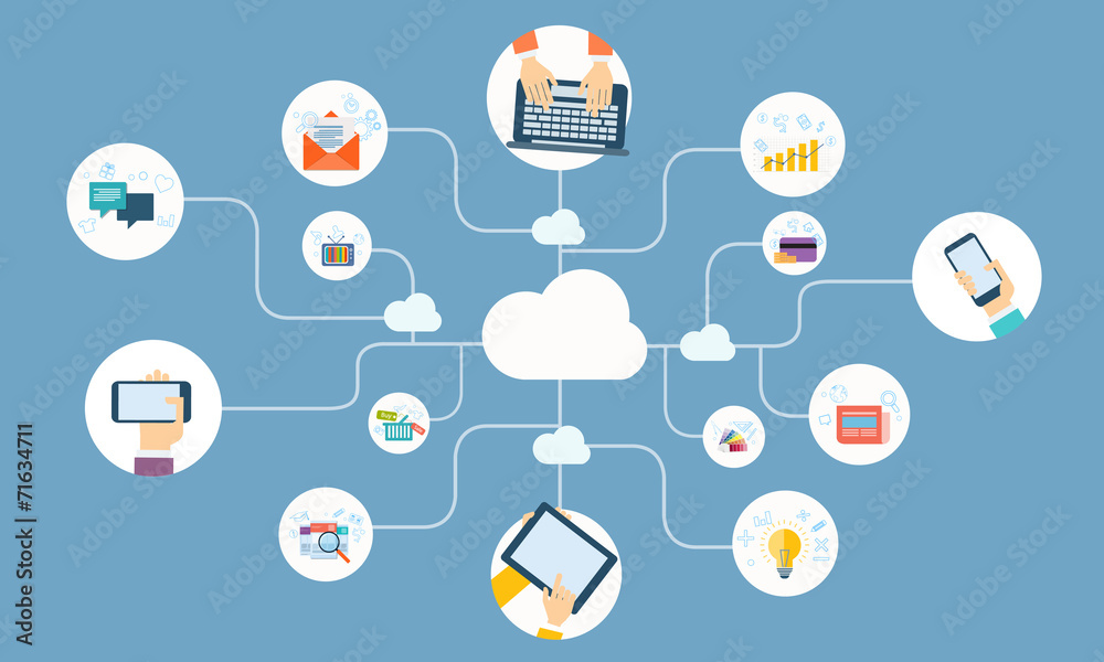 Poster business online network on cloud device application vector