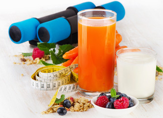 dumbbells with healthy  food