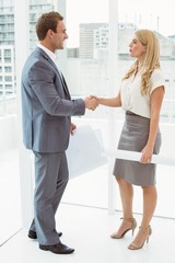 Fototapeta premium Colleagues with blueprints shaking hands