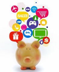 Piggy bank with sale icons in talk bubbles isolated