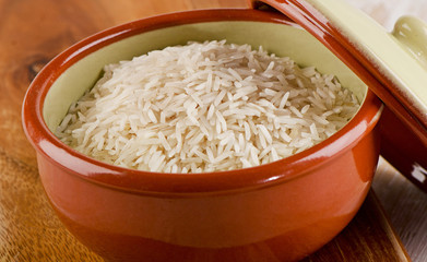 White Rice in  clay bowl.