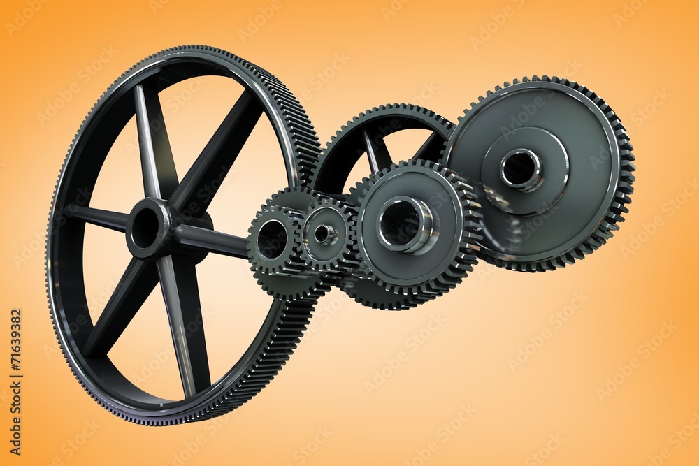 Poster composite image of metal cogs and wheels connecting