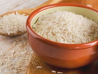 White Rice in a  clay bowl.
