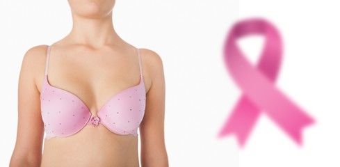 Composite image of midsection of woman in pink bra