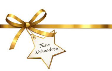 Goldene Schleife mit Stern-Etikett - Frohe Weihnachten