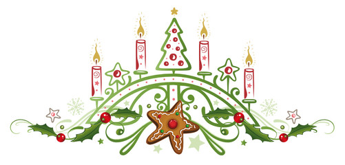 Kerzen zum Advent, Julleuchter zu Weihnachten mit Stechpalme und Lebkuchen.