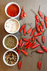 Mix of spices and lime on the wooden background