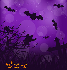 Halloween ominous background with pumpkins, bats, ghost