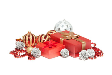 Red Christmas gift box and balls.