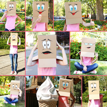 Collage of woman with cardboard box on her head, outdoors
