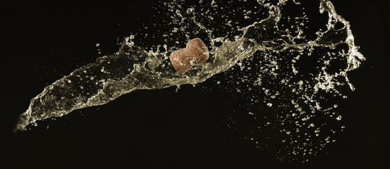 Champagne splashes with cork on black background © Africa Studio