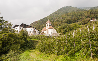 Fototapeta na wymiar Meran, Algund, Waalweg, Kirche, St. Peter, Südtirol, Italien