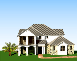 Architectural background with tree, grass and sky