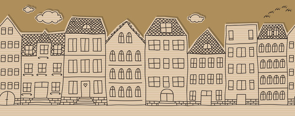 Horizontal seamless doodle houses pattern