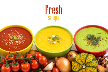 Three fresh soups and vegetables