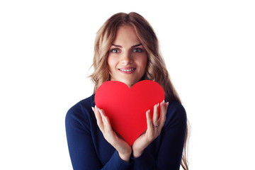 Love and valentines day woman holding heart smiling cute