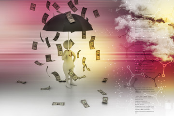 3d man and umbrella in money rain