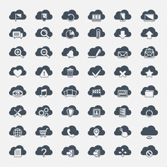 Fototapeta na wymiar Big vector set of forty-six black cloud shapes with icons