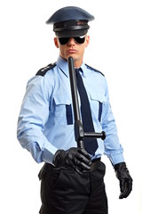 Policeman in sunglasses with nightstick on white background