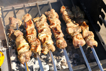 Skewers on barbecue grill, close-up