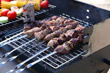 Skewers and vegetables on barbecue grill, close-up