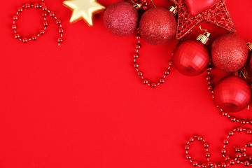 Christmas decorations on red background