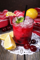 Fresh cold cherry cocktail with mint, ice and lemon