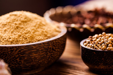 Indonesian seasoning with oriental wooden bowls
