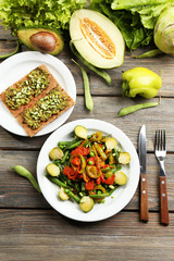 Healthy salad with peas and asparagus served