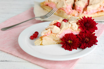 Piece of tasty pie with apples and berry mousse,